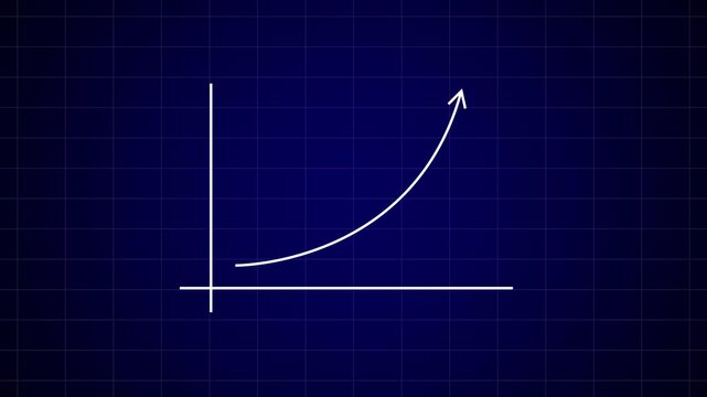 A simple white upward trending graph line with an arrow at the apex against a dark blue grid background representing growth and progress