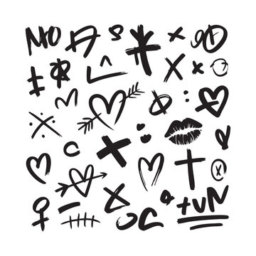 Collection of hand drawn symbols hearts crosses kisses and arrows on white background