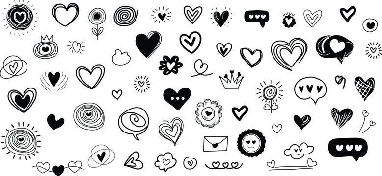 Hand drawn heart and doodle collection a whimsical black and white pattern