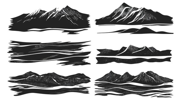 Six monochrome vector illustrations of mountain ranges and landscapes with various designs