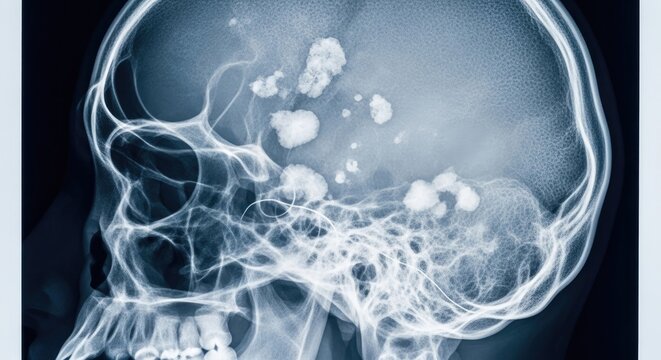 X-ray of a human skull with calcifications.