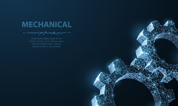 Gears. Abstract vector wireframe two gear 3d modern illustration on dark blue background. Mechanical technology machine engineering symbol. Industry development, engine work, business solution concept