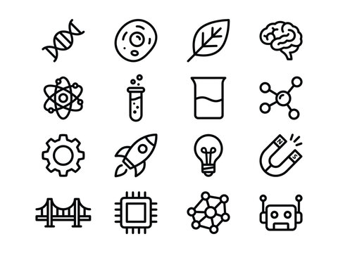 Scientific hand drawn icons for laboratory and research with test tube petri dish mortar pestle bunsen burner lab coat laboratory research illustration microscope thermometer molecule