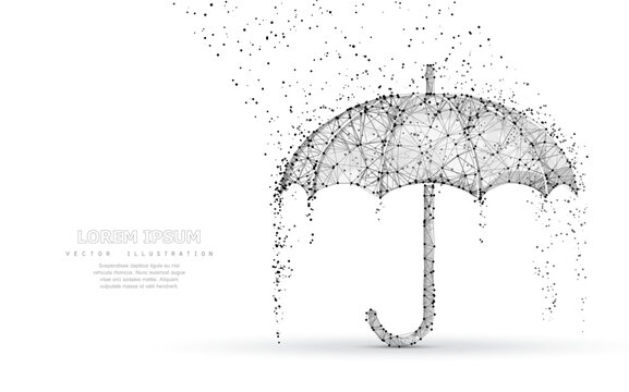 Vector umbrella rain protection. Abstract low poy umbrella cover in rain illustration. Isolated on white background with water fall drops. Meteorology, safety, autumn season concept