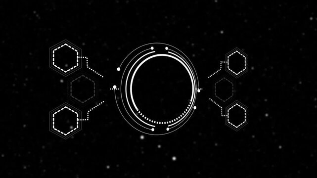 Futuristic HUD interface animation abstract technology system. Circular digital frame with connected hexagon network visualization. Modern tech dashboard copy space interface. Technology concept