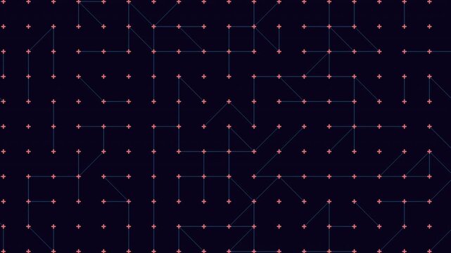 Futuristic technology background with glowing plus-shaped nodes and thin connecting lines forming a network grid on dark blue, ideal for data, AI, cybersecurity, and UI design