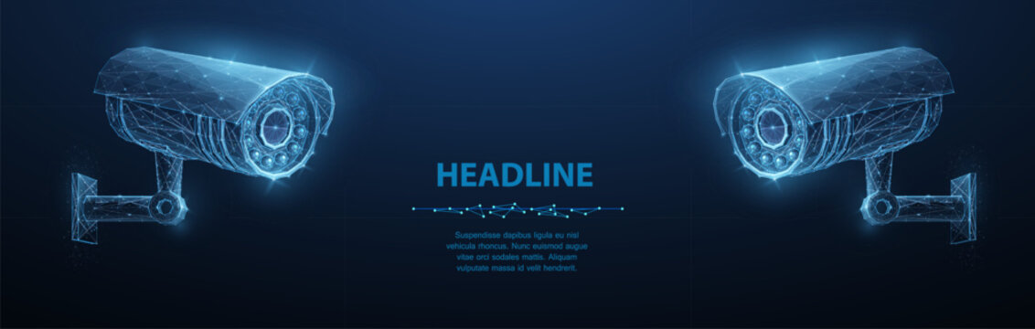 Security camera. Vector low pole illustration. Isolated on blue. Security system, smart home, cctv concept.