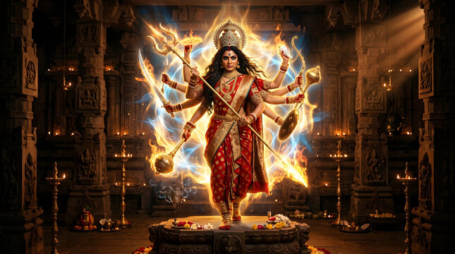 Hindu goddess durga, standing on a pedestal, surrounded by flames and in a temple