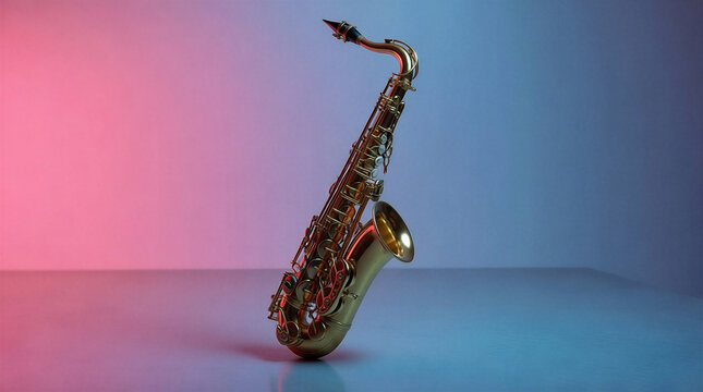 Golden saxophone displayed with colorful lighting in studio setting  