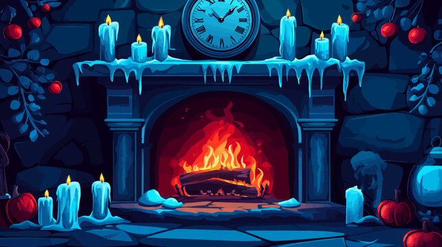 A cozy winter scene featuring a fireplace, candles, a clock, and festive decorations
