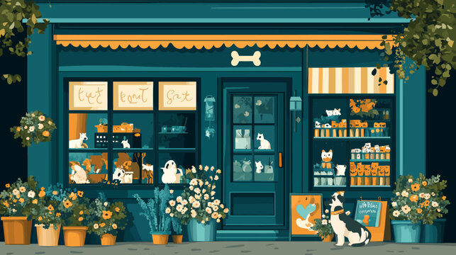 A stylized illustration of a pet shop with a dog in front and a bone above the door