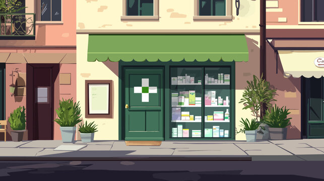 A digitally painted storefront with pharmacy door and cafe nextdoor. Plants and details