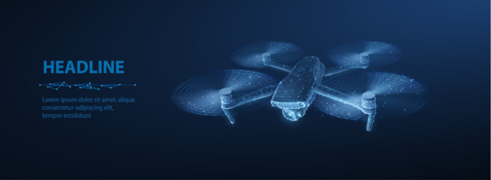 Drone. Abstract 3d drone isolated on blue. Military technology, aerial monitoring, futuristic videography, security innovation, remote video, digital tech, quadcopter concept. Polygonal illustration.