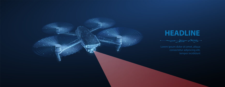 Drone. Abstract 3d drone isolated on blue. Military technology, aerial monitoring, futuristic videography, security innovation, remote video, digital tech, quadcopter concept. Polygonal illustration.