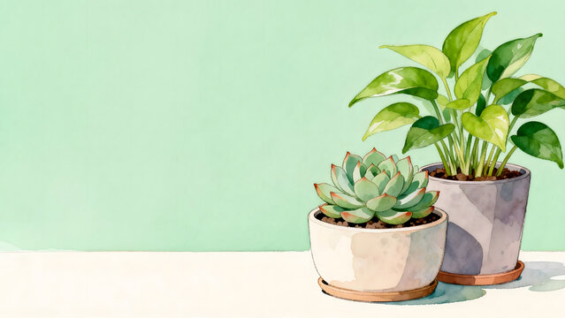 Watercolor potted succulent and leafy plant on mint green background