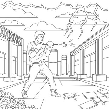 A determined urban fighter in boxing gloves wields a powerful grappling hook, standing amidst a dramatic stormy cityscape with ominous lightning, ready for challenge