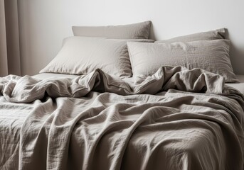 Obraz premium Neutral tone linen bedding and pillows styled loosely on a comfortable mattress in a bright, modern bedroom setting, tranquility, interior, minimal