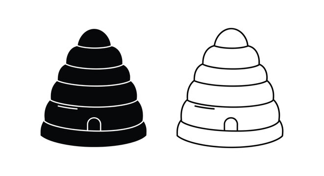 Two beehives in contrasting styles a black and white illustration silhouette