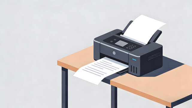 Black printer printing on wooden desk with white paper output