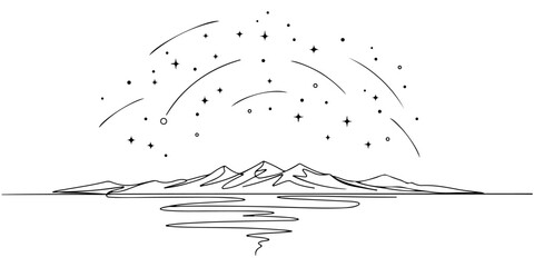 Fototapeta premium Minimal monochrome mountain landscape sketch with starry night reflection.