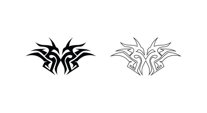 Two symmetrical tribal designs abstract black shapes on a white background silhouette