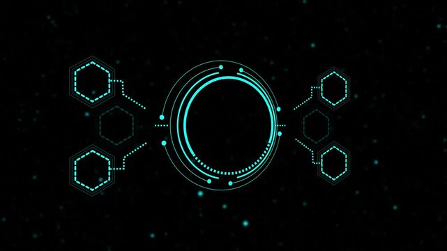 Futuristic HUD dashboard interface animation abstract technology system. Circular digital frame with hexagon network visualization and copy space. Modern tech control panel interface.