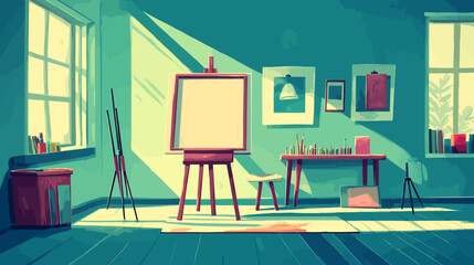 Fototapeta premium A stylized art studio bathed in sunlight, featuring an easel, paintbrushes, and framed art