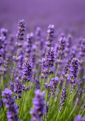 Fototapeta premium Vibrant purple aromatic lavender flowers blooming in a vast summer field, captured in bright natural sunlight, summer crop, essential oil, soothing