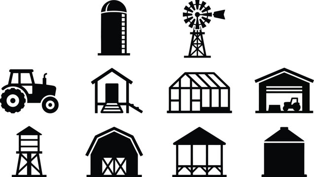 Vector farm icons including barns, silo, windmill, house, tractor, and greenhouse