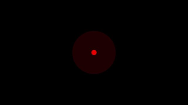 Abstract a glowing circle on a black background enclose a red pulsing dot.