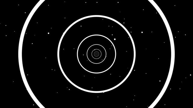 Infinite white concentric circles expanding into a black void with scattered white dots, abstract tunnel effect, optical illusion, minimalist space background, geometric pattern
