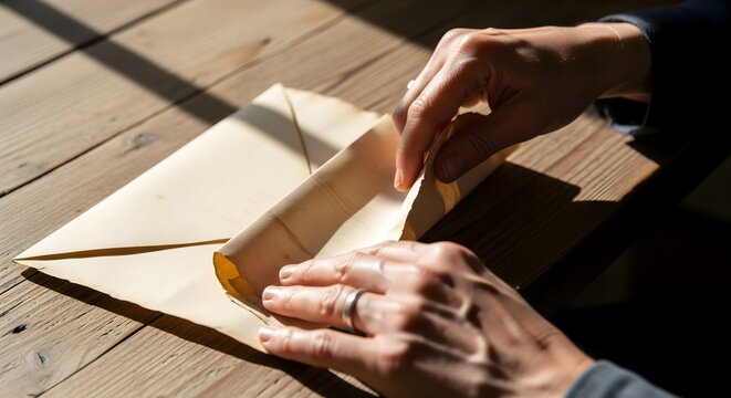 A close-up shot captures human hands carefully opening a vintage, aged envelope on a rustic wooden table, bathed in warm sunlight.