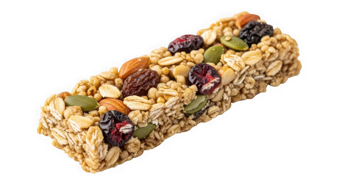 Delicious homemade granola bar with nuts and dried fruits on white isolated on transparent background