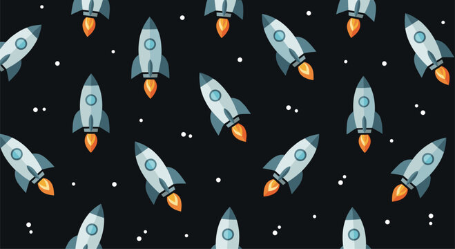 Exciting seamless pattern featuring an array of cartoon rockets launching upwards into the vast expanse of space, surrounded by tiny stars on a deep dark background.