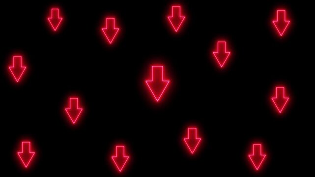 Numerous bright red neon arrows pointing downwards on a solid black background creating a dynamic abstract pattern for digital and concepts