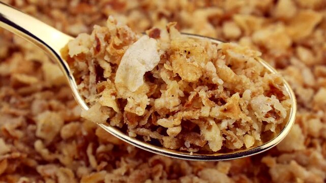 Organic crispy fried onions in the spoon with background circle rotation close up