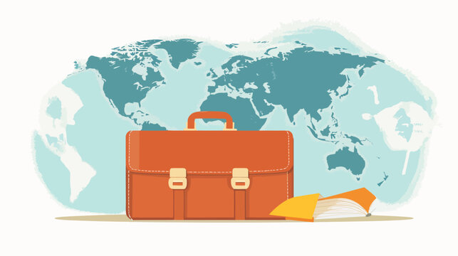 A cartoon-style illustration showing a briefcase, books, and a world map in the background