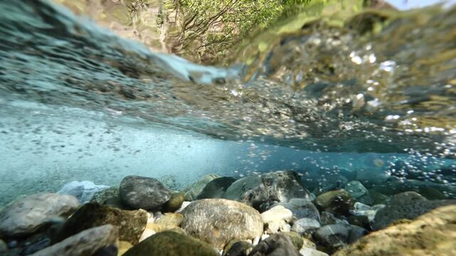 bubbles underwater makes shapes in fast flowing river fresh water