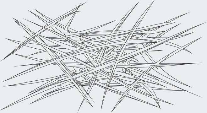 Abstract and intricate pattern composed of numerous overlapping, sharp, and elongated shapes resembling thorns or blades, creating a tangled and dynamic design on a light grey background.