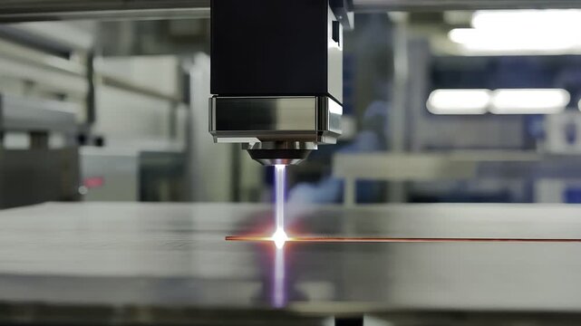 Automated laser cutting machine precisely etching a metal sheet with sparks in a modern industrial factory
