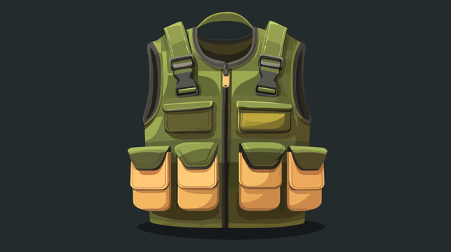 Digitized illustration of a tactical vest, featuring pockets, straps, and buckles, centered on a dark backdrop