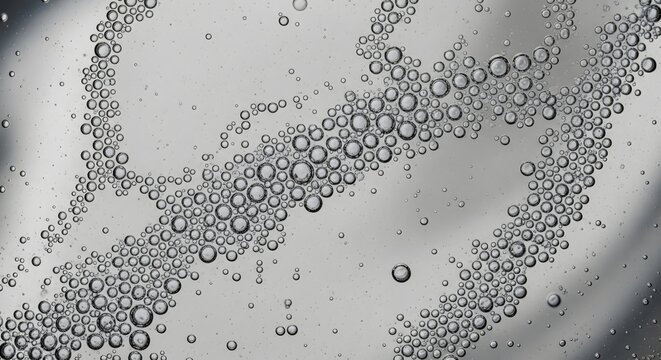 Abstract macro shot of numerous small, effervescent air bubbles forming intricate patterns and textures within a clear, viscous liquid, creating a dynamic background.