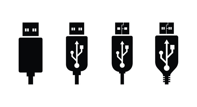 Four usb connector types shown in a black graphic silhouette