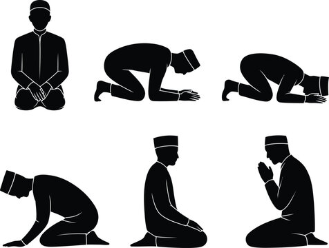 Muslim Man Performing Various Prayer Positions Silhouette