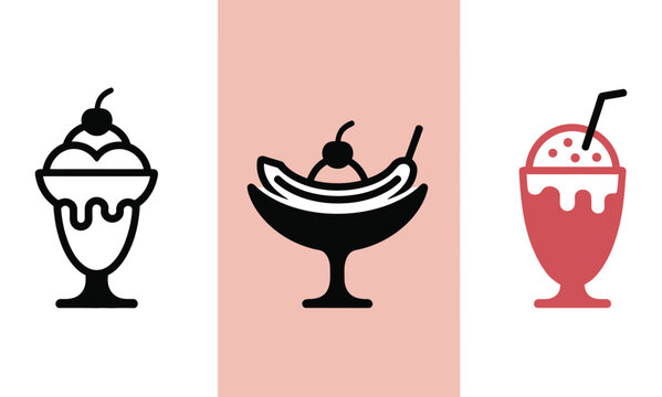 Vector illustrations of ice cream sundae, banana split and milkshake icons in black and red on white and pink backgrounds