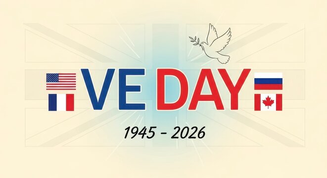 VE Day 80th anniversary celebration poster with dove and flags for peace and history