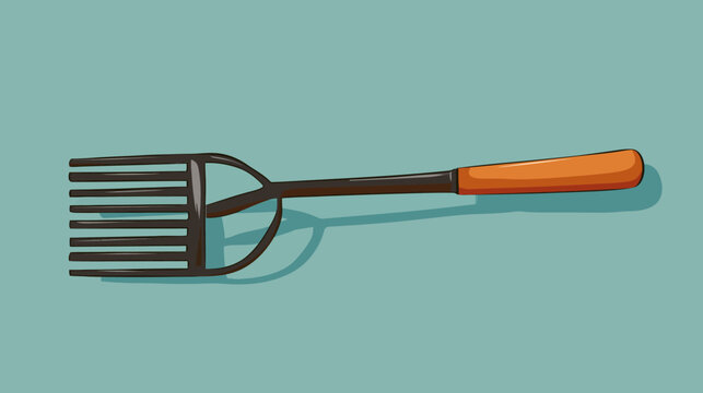A cartoon illustration of a garden tool with long tines and an orange handle