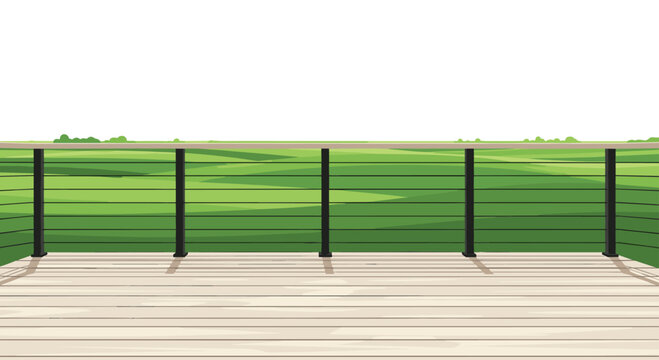 A modern wooden deck with a sleek black metal cable railing overlooks a vast expanse of rolling green hills and lush meadows under a bright white sky.