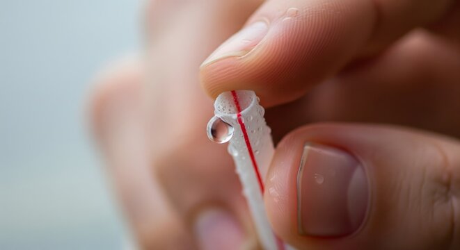 A close-up view of a hand holding a plastic drinking straw with a single water droplet clinging to its end, illustrating hydration and environmental concerns.