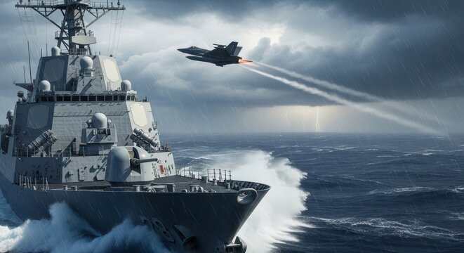 A powerful guided missile destroyer sailing through ocean waves while a fighter jet flies above